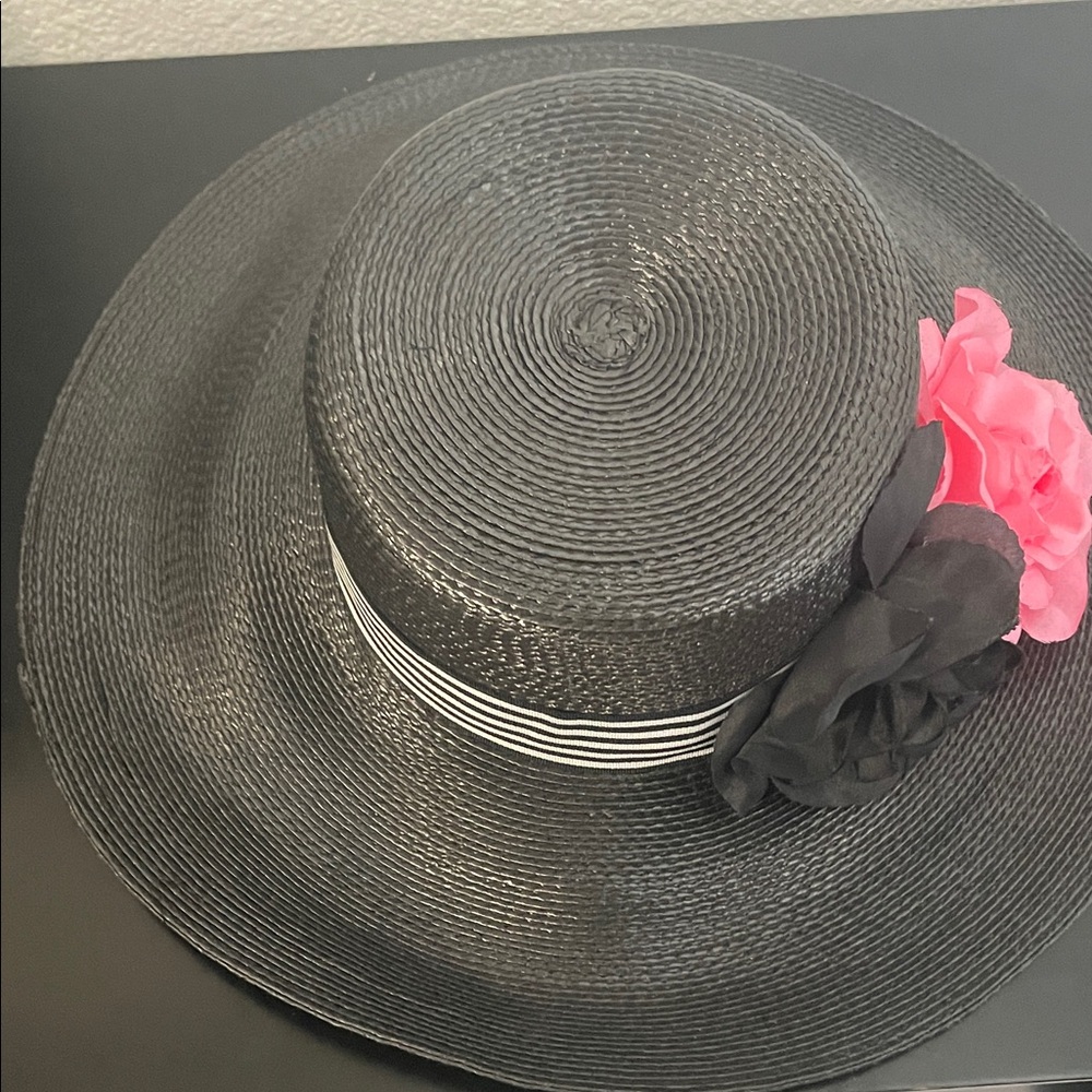 Jaclyn Smith Elegant Black Hat with Pink Floral Accent